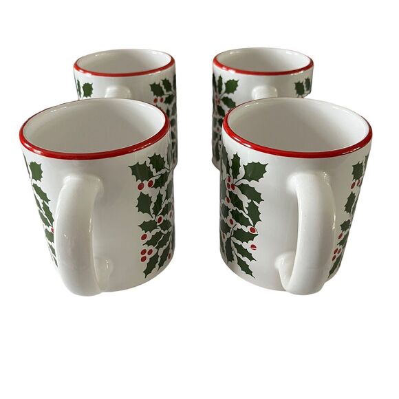 Waechtersbach Coffee Mugs Set of 4 Christmas Holly White Ceramic Holiday Green - Picture 2 of 11
